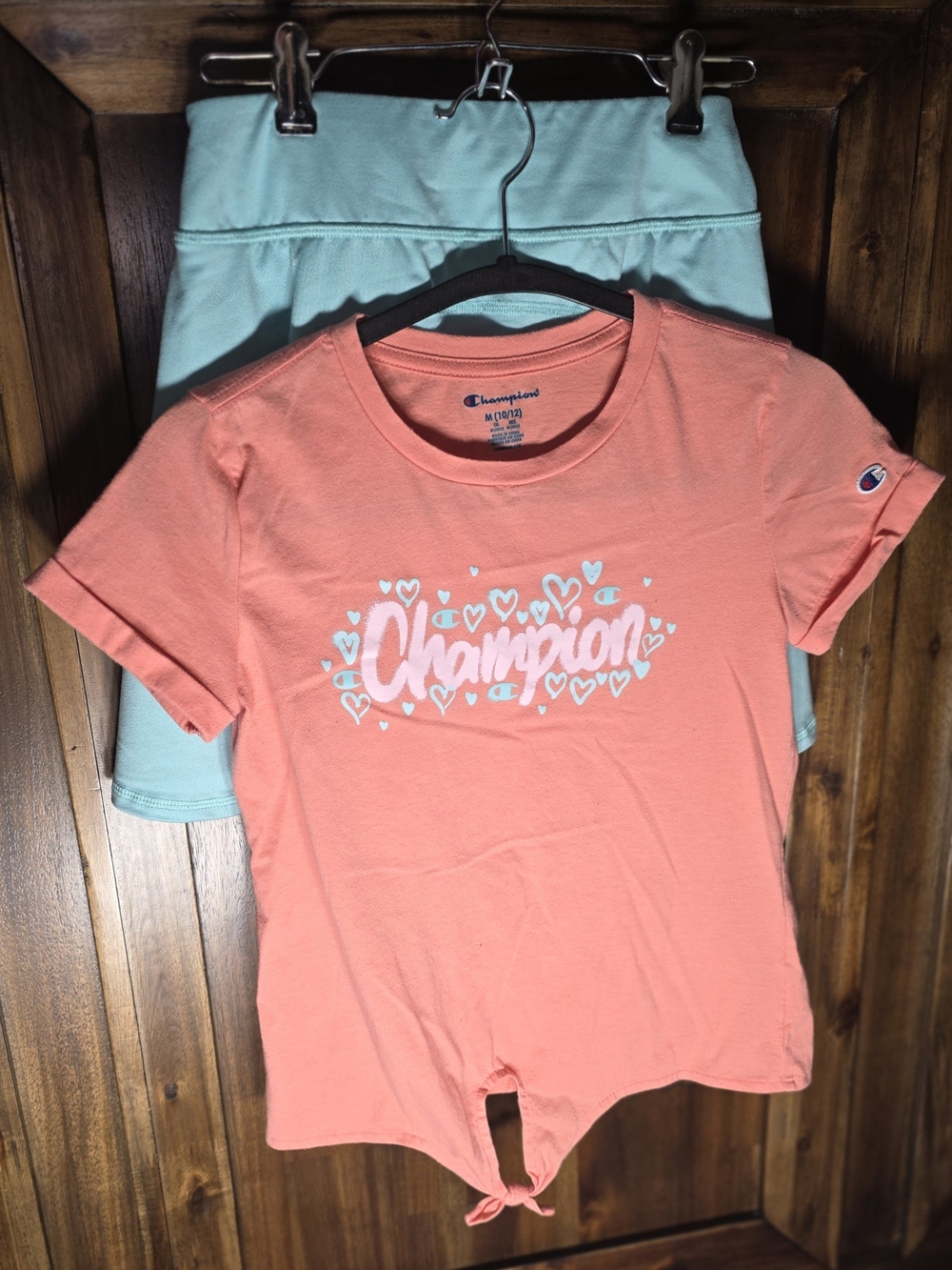 2 Piece: Champion Coral Tie-Hem Logo Tee with Mint Accent & Mint Skort